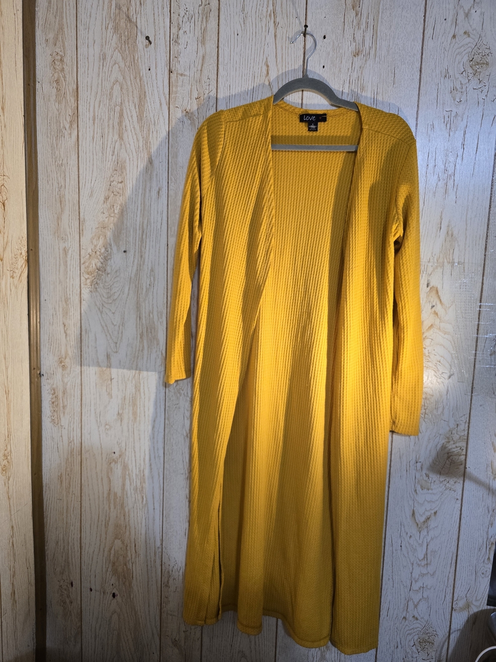 LOVE by Chesley Mustard Yellow Long Duster Cardigan Waffle Knit Size L